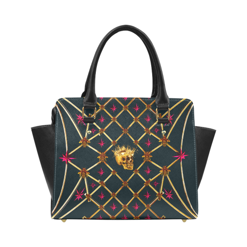 Skull and Magenta Stars-Honey Bee Pattern- Classic Handbag in Color Midnight Teal, Navy Blue, Blue