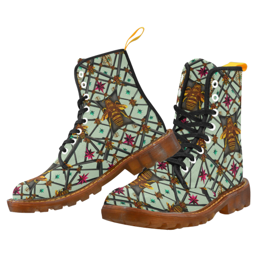 Women's Marten Style Military Boot-ABSTRACT MULTI COLOR HONEY BEE and RIBS PATTERN-Color PASTEL BLUE
