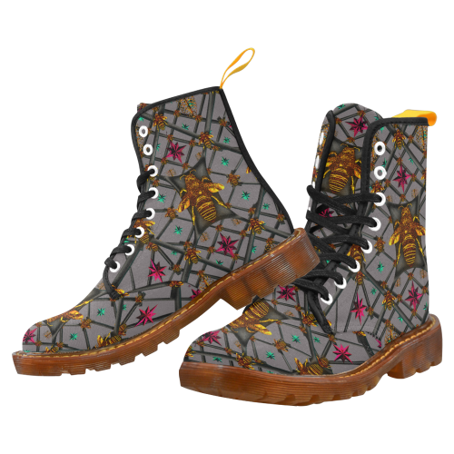 Women's Marten Style Military Boot-ABSTRACT MULTI COLOR HONEY BEE and RIBS PATTERN-Color LAVENDER STEEL, PURPLE GRAY 