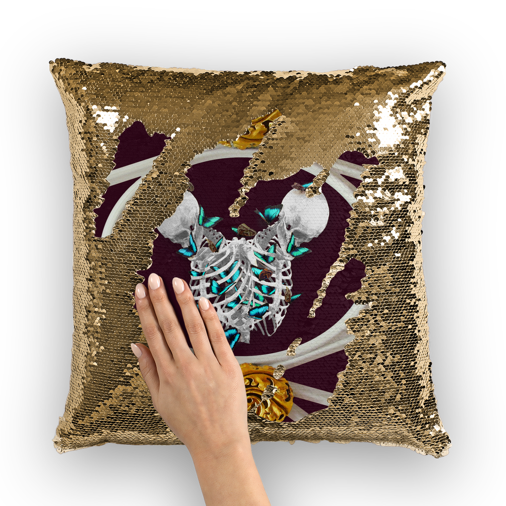 Siamese Skeleton & Blue Butterfly- Gold Sequin Pillow Case- French Gothic- Gothic Chic Interiors- Color- Eggplant- Wine- Wine Red