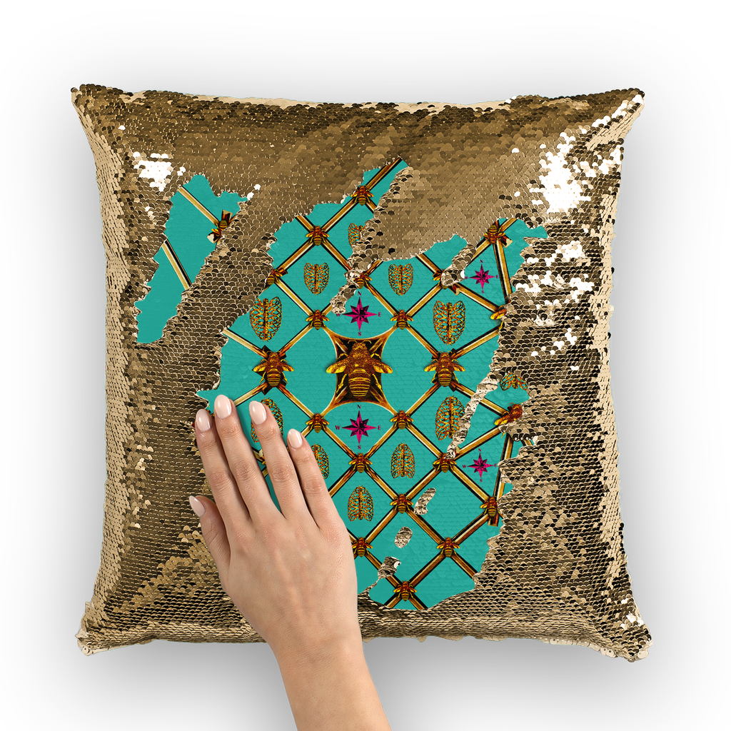 Sequin Gold Pillowcase & Throw Pillow-Honey Bee & Rib Print- Blue Green Teal