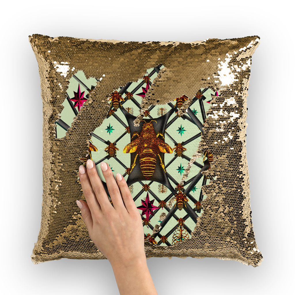 BLACK & GOLD SEQUIN PILLOW CASE-THROW PILLOW-Multi Color Honey BEE, RIBS, STARS PATTERN-Color PASTEL GREEN