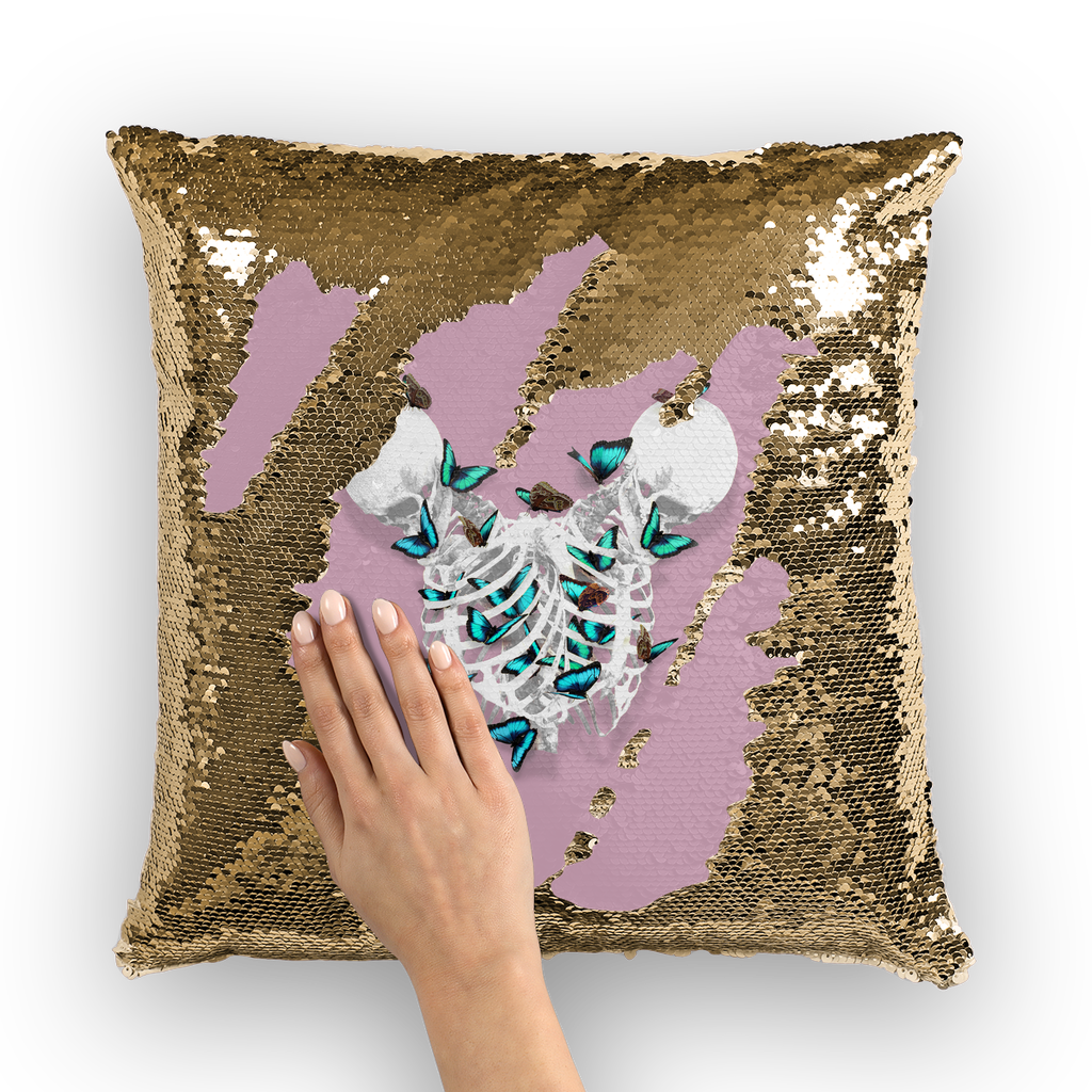 Siamese Skeletons with Teal Butterflies coming out The Rib cage-Gold Sequin Pillowcase- Blush Pink