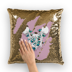 Siamese Skeletons with Teal Butterflies coming out The Rib cage-Gold Sequin Pillowcase- Blush Pink