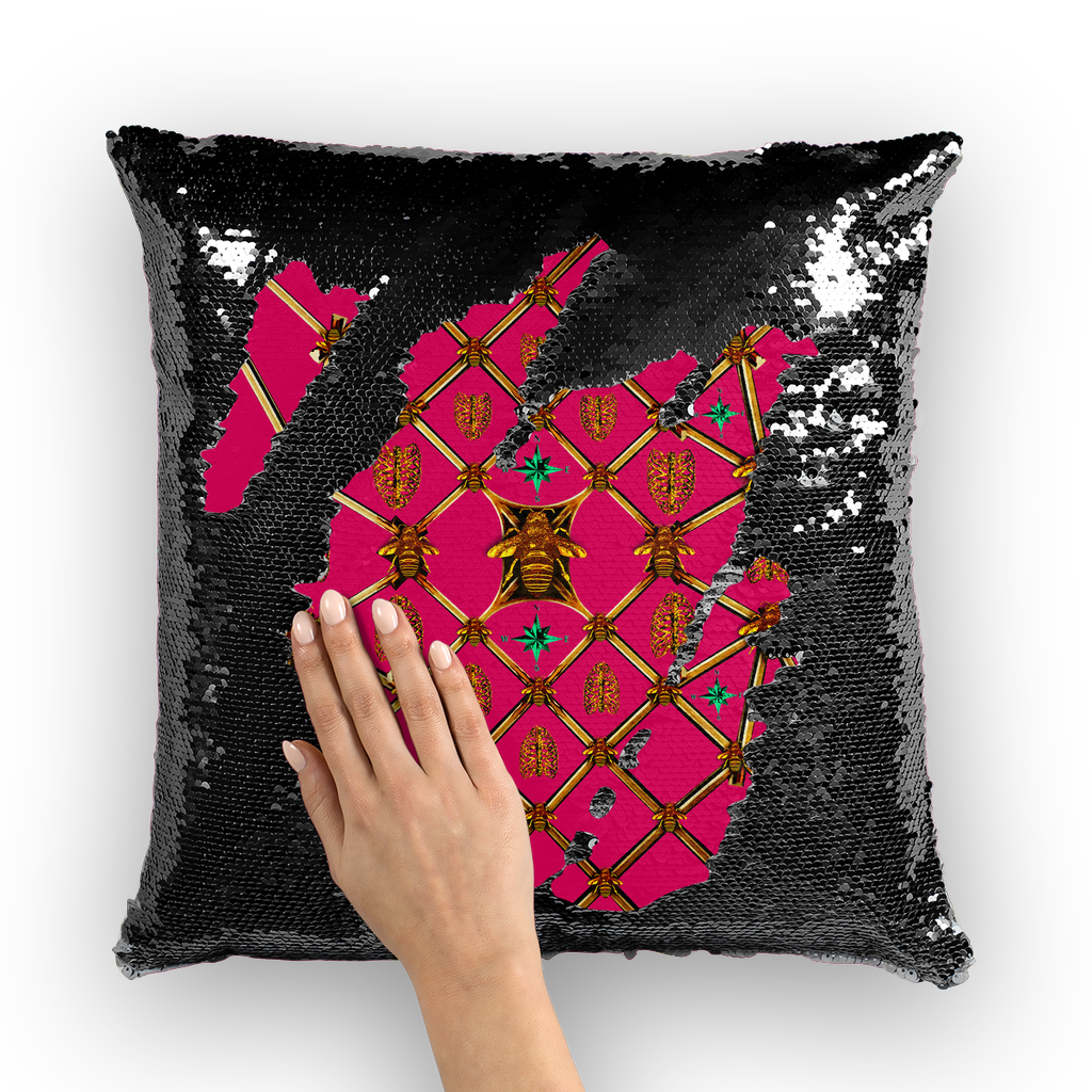 Bee Divergence Gilded Ribs & Jade Stars- French Gothic Sequin Pillowcase or Throw Pillow in Bold Fuchsia ﻿| Le Leanian™