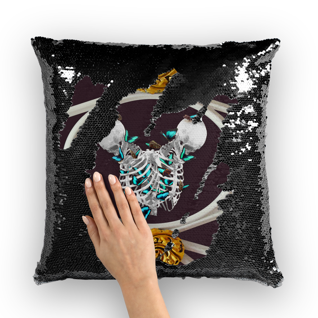 Versailles Gilded Skull Divergence Teal Whispers- French Gothic Sequin Pillowcase or Throw Pillow in Muted Eggplant Wine | Le Leanian™