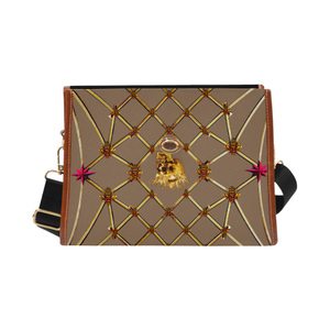 Skull & Magenta Stars- Classic French Gothic Mini Brief Handbag in Neutral Camel | Le Leanian™