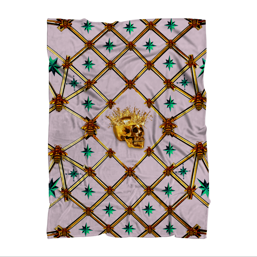 Skull Gilded Honeycomb & Jade Stars- Classic French Gothic Fleece Blanket in Nouveau Blush Taupe | Le Leanian™