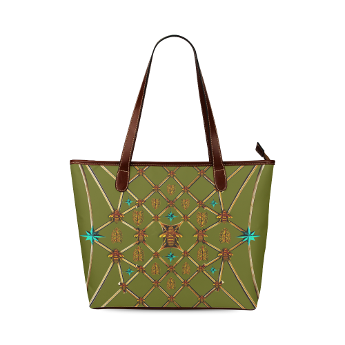 Women's Honey Bee, Ribs, Blue Star Pattern- Shoulder Tote in Color Olive GREEN