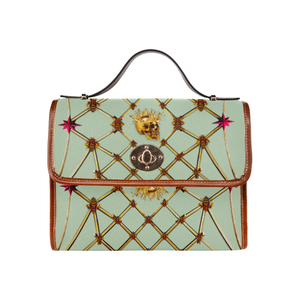 Gold Skull and Honey Bee-Magenta Stars- Clutch Handbag in Color Pastel Blue and Tan