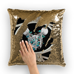 Versailles Siamese Skeletons Gold Sequin Pillowcase with Teal Butterfly Rib Cage- in Black & White
