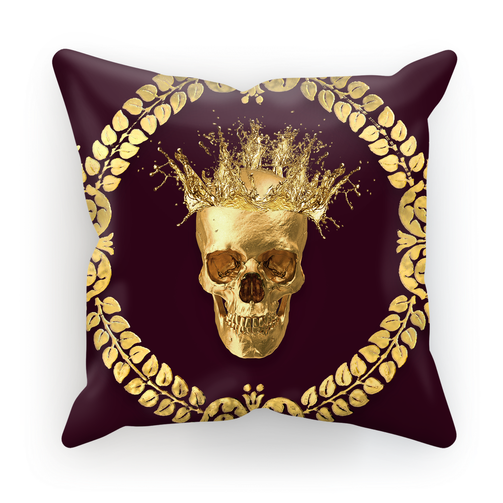 Caesar Gilded Skull- French Gothic Satin & Suede Pillowcase in Eggplant Wine | Le Leanian™