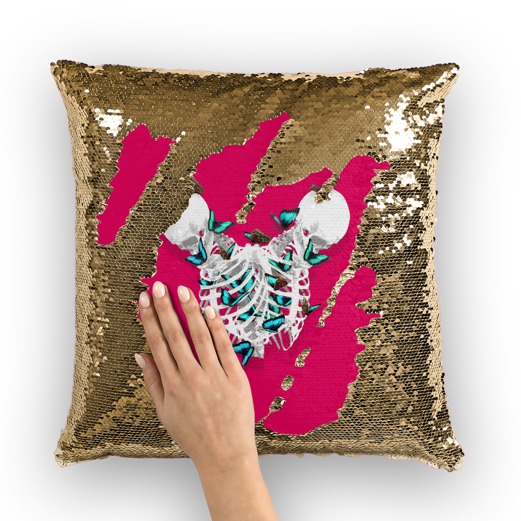 Siamese Skeletons with Teal Butterflies coming out The Rib cage-Gold Sequin Pillowcase- Pink