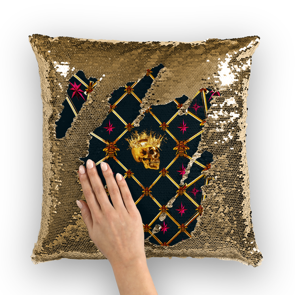French Gothic Honey Bee & Rib Star Pattern-Sequin Pillowcase & Throw Pillow- Navy Blue