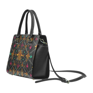 Bee Divergent Abstract- Classic French Gothic Riveted Satchel Handbag in Back to Black | Le Leanian™