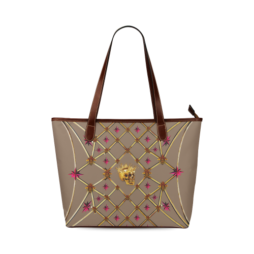 Gold Skull and Magenta Stars- Honey Bee Pattern- Classic Shoulder Tote in Color Neutral Camel, Tan, Brown