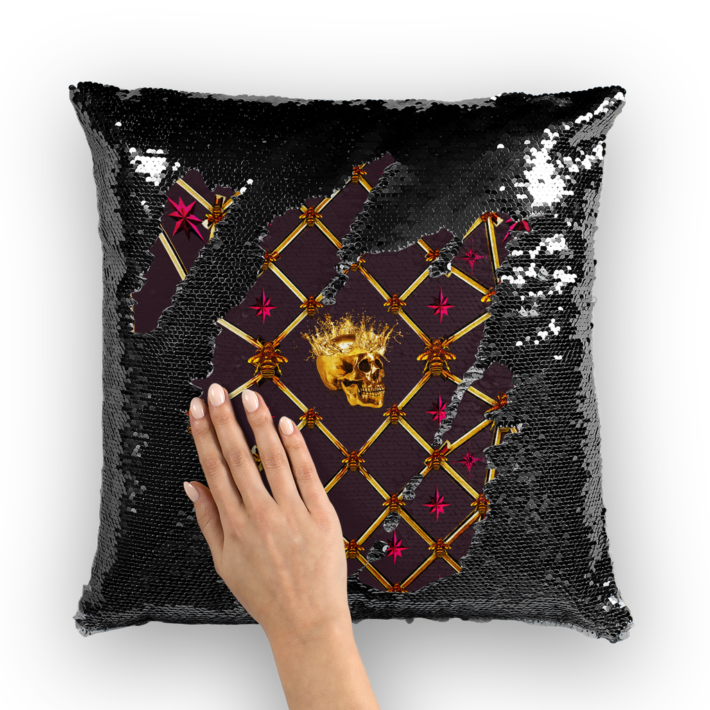 Golden Skull & Magenta Stars- French Gothic Sequin Pillowcase or Throw Pillow in Muted Eggplant Wine | Le Leanian™
