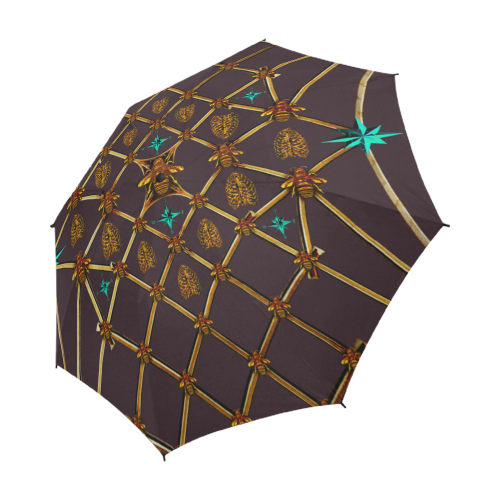 Bee Divergence Gilded Ribs & Teal Stars- Semi & Auto Foldable French Gothic Umbrella in Muted Eggplant Wine | Le Leanian™