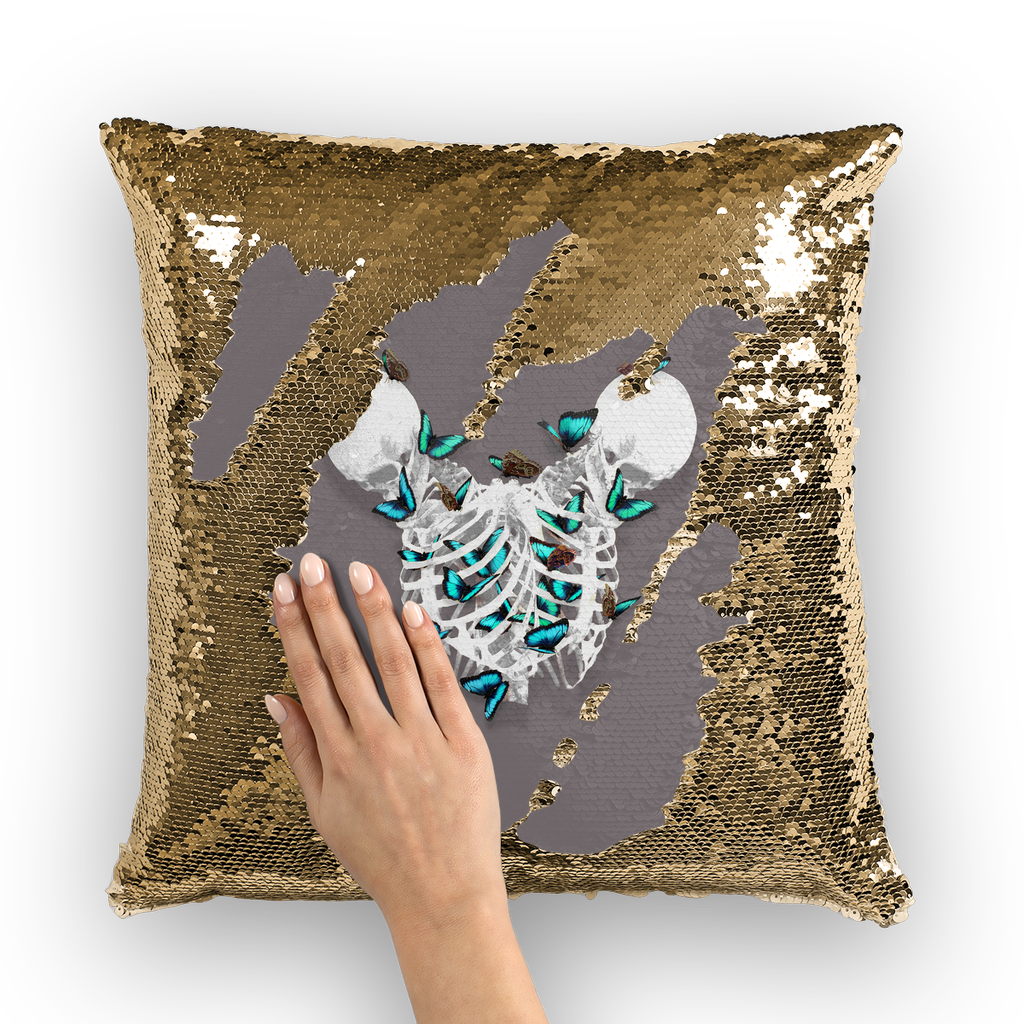 Siamese Skeletons Pillowcase with Teal Butterfly Rib Cage-Gold Sequin Pillowcase-Lavender Purple