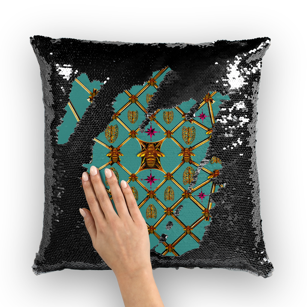 Bee Divergence Gilded Ribs & Magenta Stars- French Gothic Sequin Pillowcase or Throw Pillow in Jade Teal | Le Leanian™