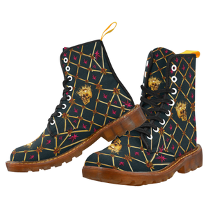 Women's Gold Skull and Magenta Stars- Marten Boots- Lace-Up Combat Boots in Color Midnight Teal, Navy Blue, Blue