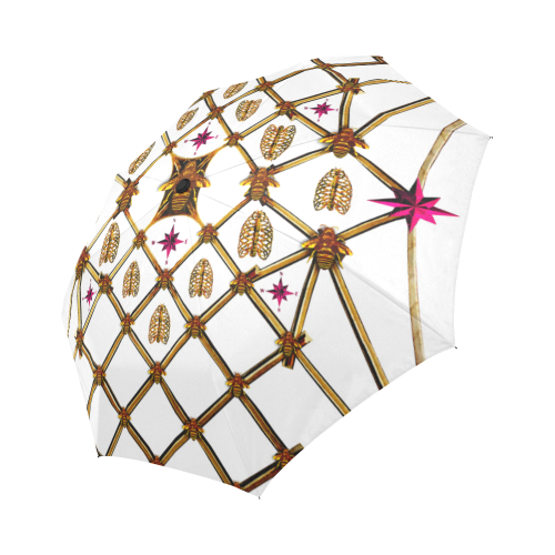 Bee Divergence Gilded Ribs & Magenta Stars- Semi & Auto Foldable French Gothic Umbrella in White | Le Leanian™