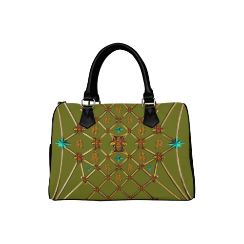 Women's Handbag-Boston Bag- Gold Bee & Ribs Pattern in Color Bold Olive Green, GREEN