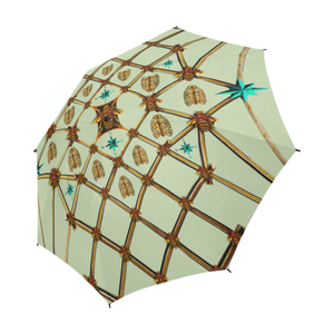 Bee Divergence Gilded Ribs & Teal Stars- Semi & Auto Foldable French Gothic Umbrella in Pale Green | Le Leanian™
