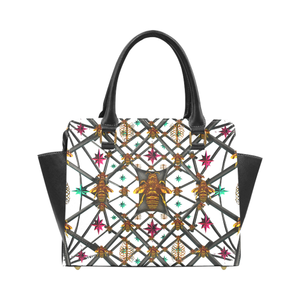 Bee Divergent Abstract- Classic French Gothic Riveted Satchel Handbag in White | Le Leanian™