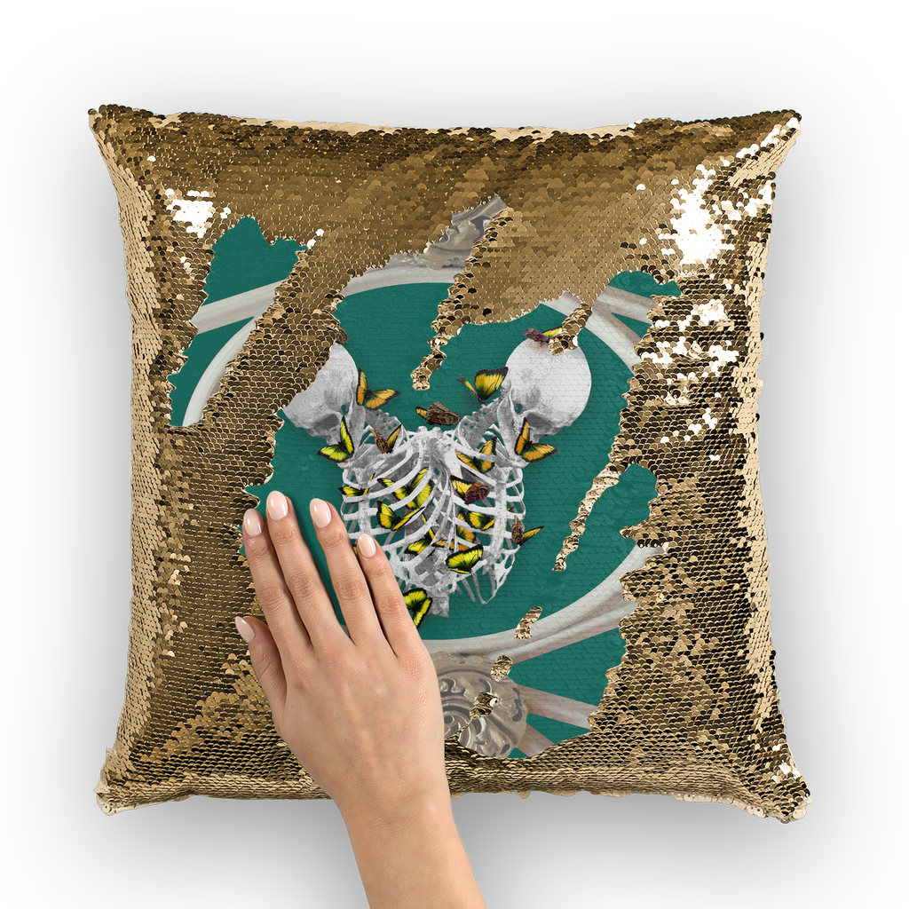 Versailles Siamese Skeletons with Gold Butterfly Rib Cage-Gold Sequin Pillowcase-Jade Green