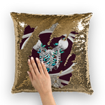 Versailles Siamese Skeletons Gold Sequin Pillowcase with Teal Butterfly Rib Cage-Eggplant Wine Red