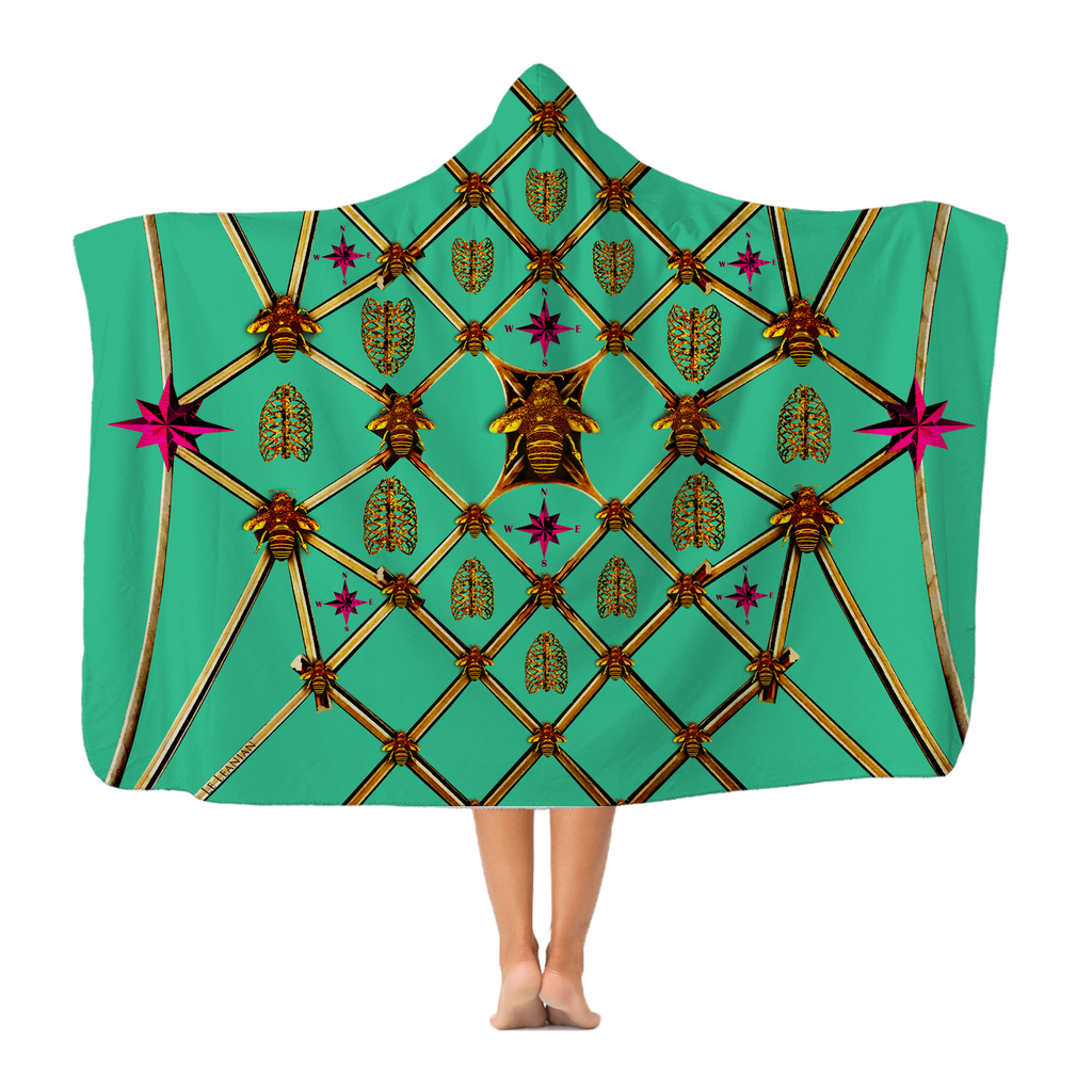 Gilded Bees & Ribs- Adult & Youth Hooded Fleece Blanket in Bold Jade Teal ﻿| Le Leanian™