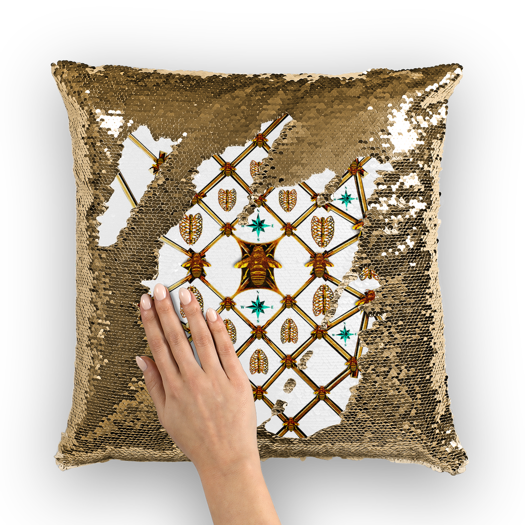 French Gothic Honey Bee & Rib Pattern-Sequin Pillowcase & Throw Pillow- White