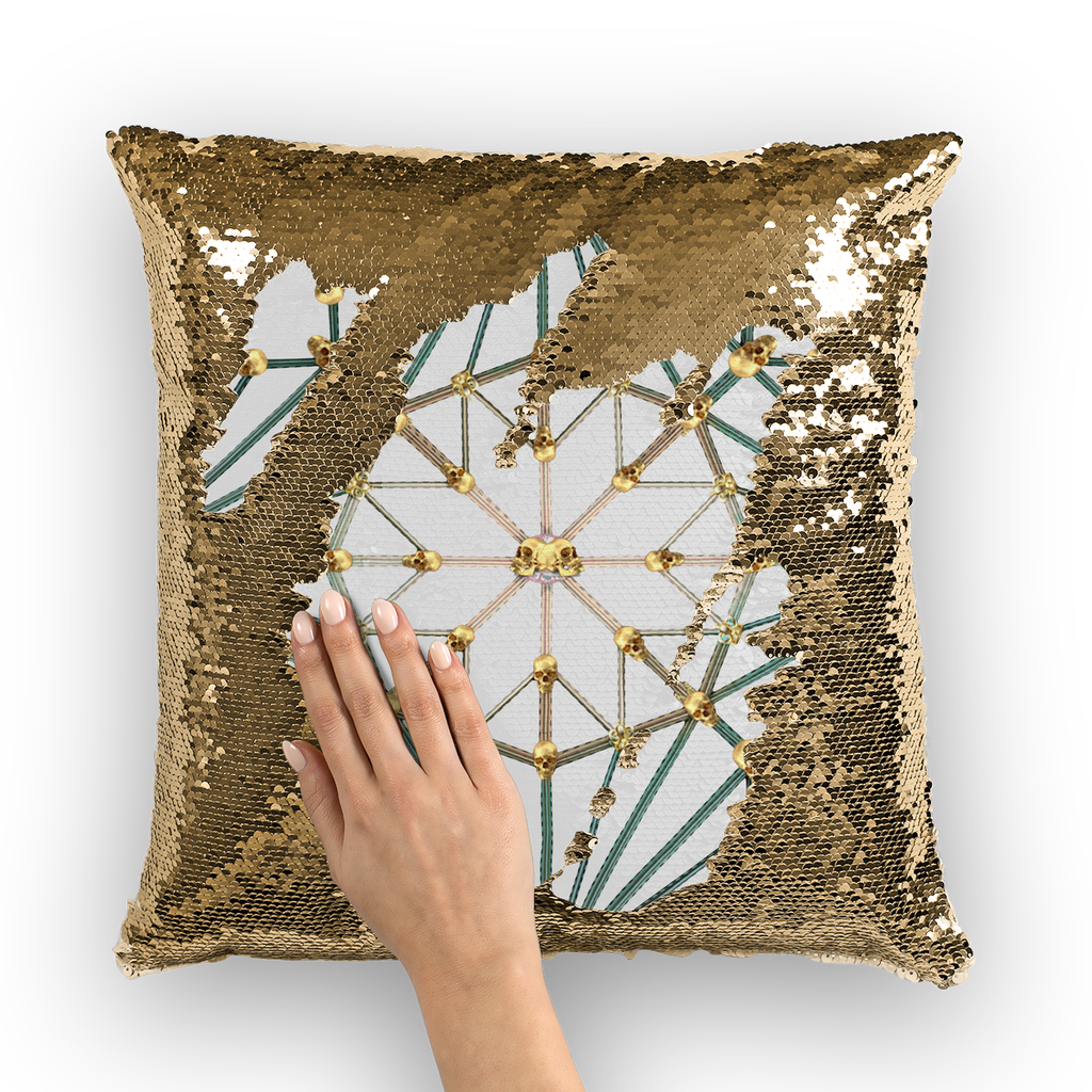 Cathedral Skull Pattern- Gold Sequin Pillow Case- Throw Pillow in Color Light Gray, Gray