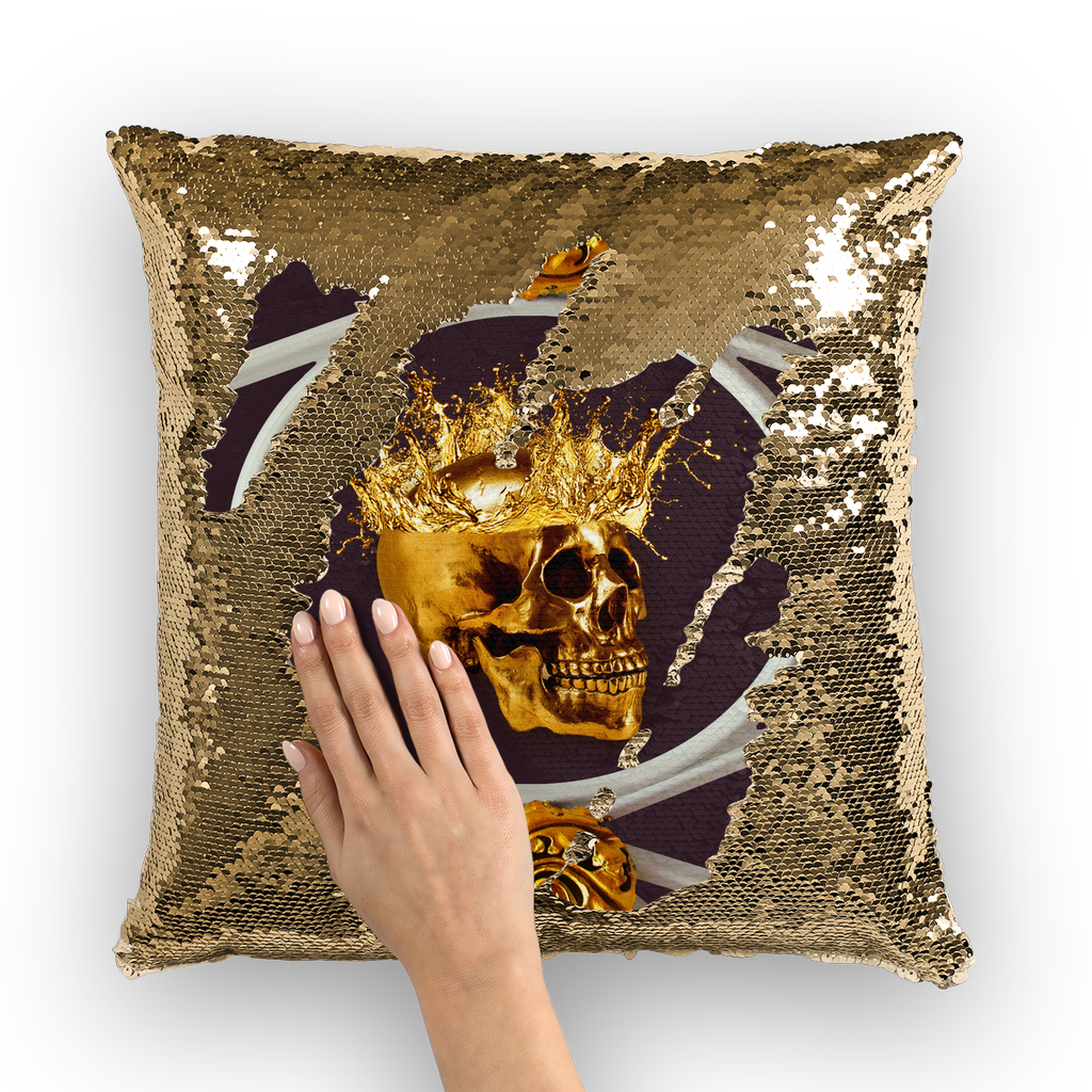 Metallic Golden Skull- Gold Sequin Pillow Case- French Gothic-Gothic Chic- Color_Eggplant Wine-Purple-Dark Red-Maroon-Burgundy