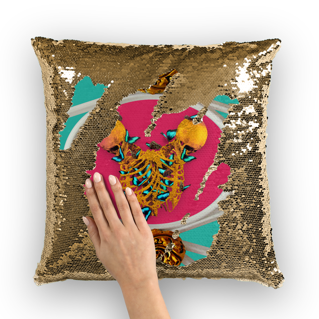 Versailles Gilded Skull Divergence Teal Whispers- ﻿French Gothic Sequin Pillowcase in Bold Teal & Fuchsia | Le Leanian™