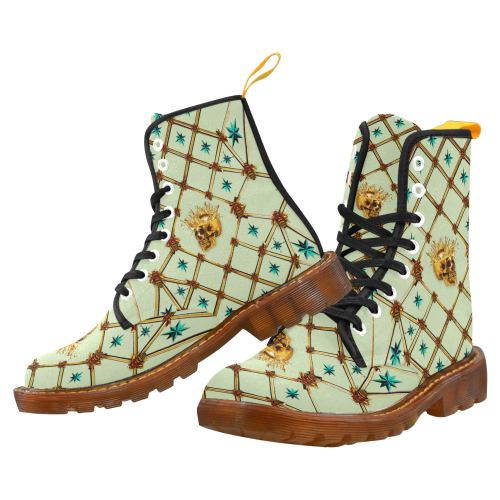 Golden Skull & Teal Stars- Women's French Gothic Combat  Boots in Pale Green | Le Leanian™