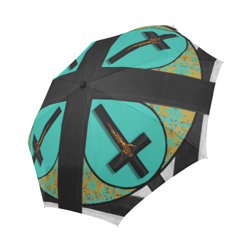 The Crossroad Crucifix- Semi Auto & Auto Foldable French Gothic Umbrella in Bold Teal | Le Leanian™