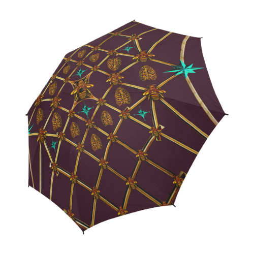 Bee Divergence Gilded Ribs & Teal Stars- Semi & Auto Foldable French Gothic Umbrella in Eggplant Wine | Le Leanian™