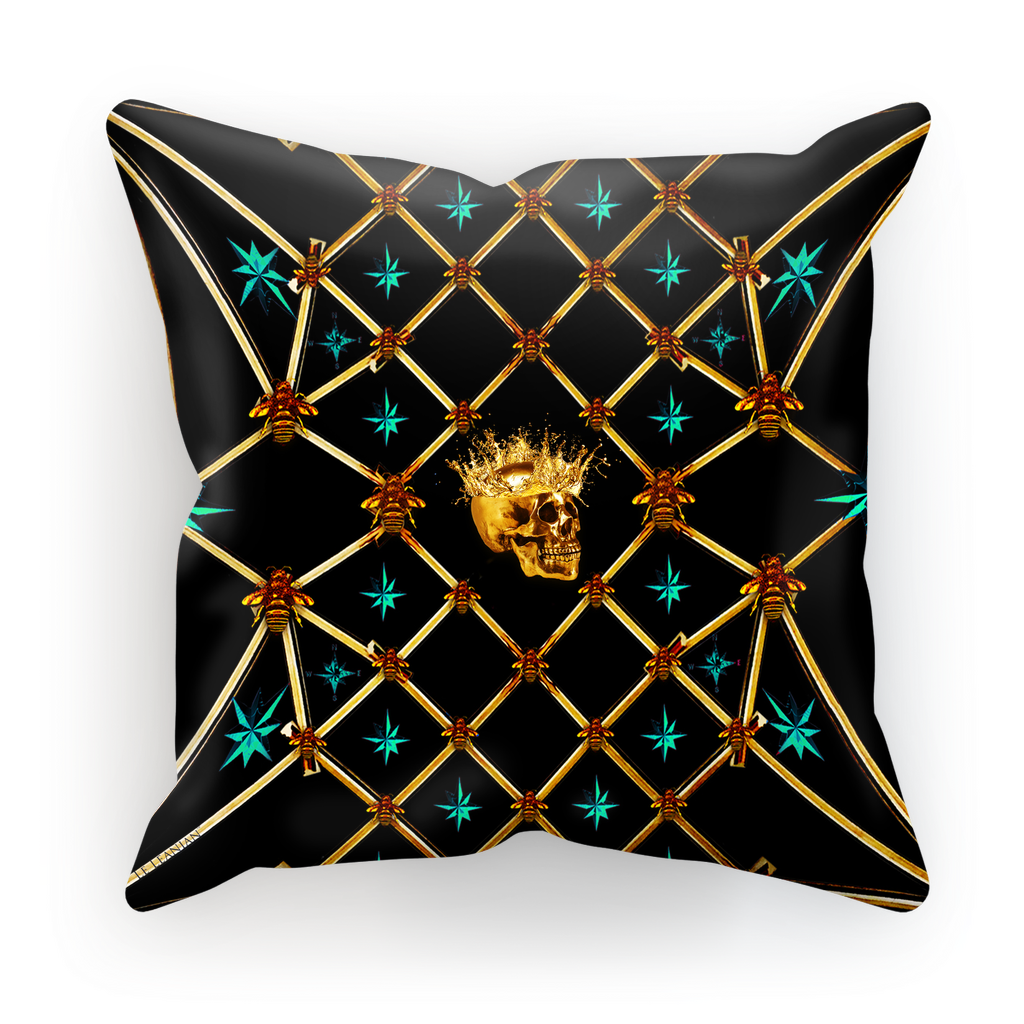 Golden Skull & Teal Stars- French Gothic Satin & Suede Pillowcase in Back to Black | Le Leanian™