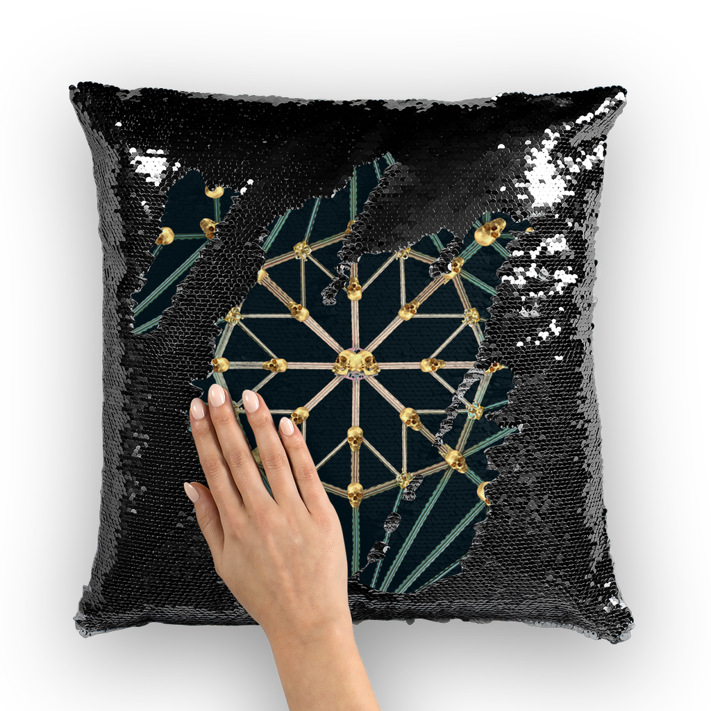Skull Cathedral- French Gothic Sequin Pillowcase or Throw Pillow in Midnight Teal | Le Leanian™