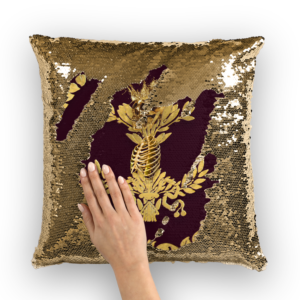 Gold Sequin Pillow Case-Throw Pillow-Gold WREATH, GOLD SKULL-Color EGGPLANT WINE, WINE RED, PURPLE