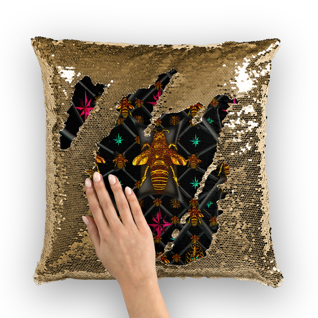 BLACK & GOLD SEQUIN PILLOW CASE-THROW PILLOW-Multi Color Honey BEE, RIBS, STARS PATTERN-Color BLACK