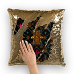 BLACK & GOLD SEQUIN PILLOW CASE-THROW PILLOW-Multi Color Honey BEE, RIBS, STARS PATTERN-Color BLACK