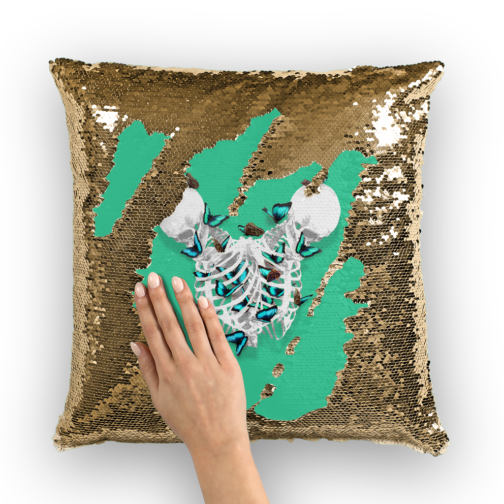 Siamese Skeletons with Teal Butterflies coming out The Rib cage-Gold Sequin Pillowcase- Jade Teal Blue Green