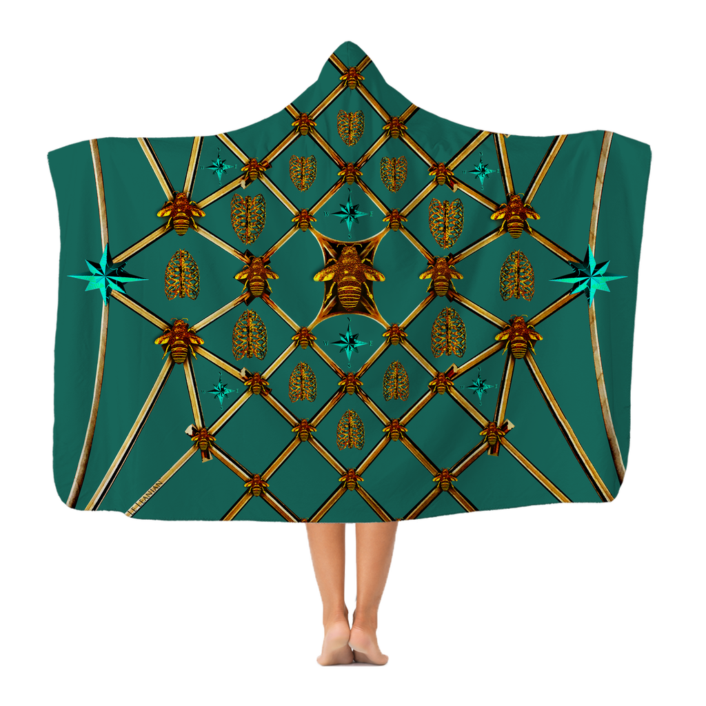 Gilded Bees & Ribs Teal Stars- Adult & Youth Hooded Fleece Blanket in Jade | Le Leanian™