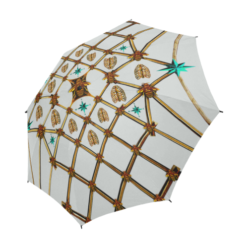 Bee Divergence Gilded Ribs & Teal Stars- Semi & Auto Foldable French Gothic Umbrella in Lightest Gray | Le Leanian™