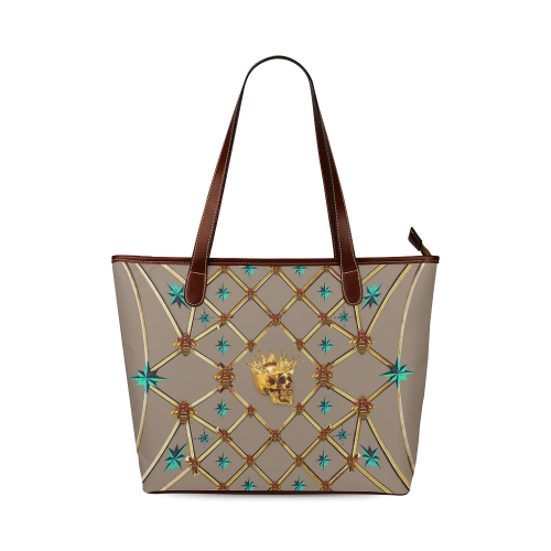 Gold Skull and Teal Stars- Classic Tote- Shoulder bag- in Color Tan, Cocoa, Clay, Brown, Neutral
