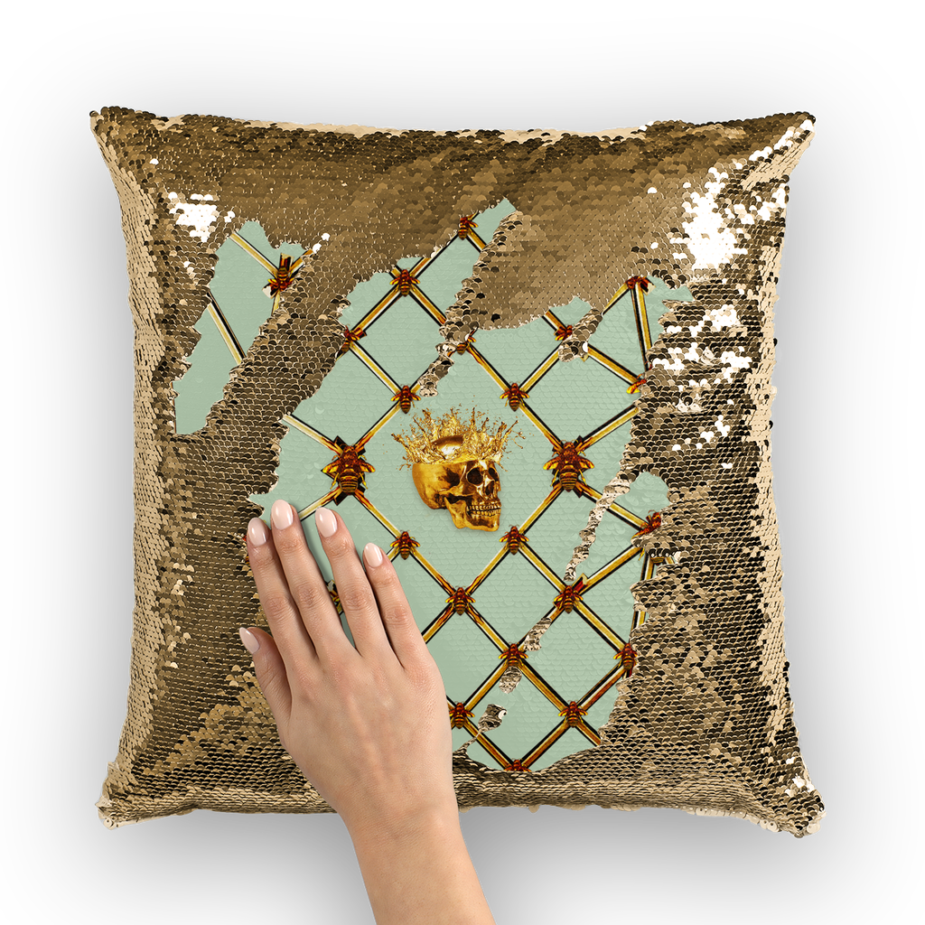 Skull and Honey Bee Pattern- Gold Sequin Pillow Case or Throw Pillow in Color Pastel Blue