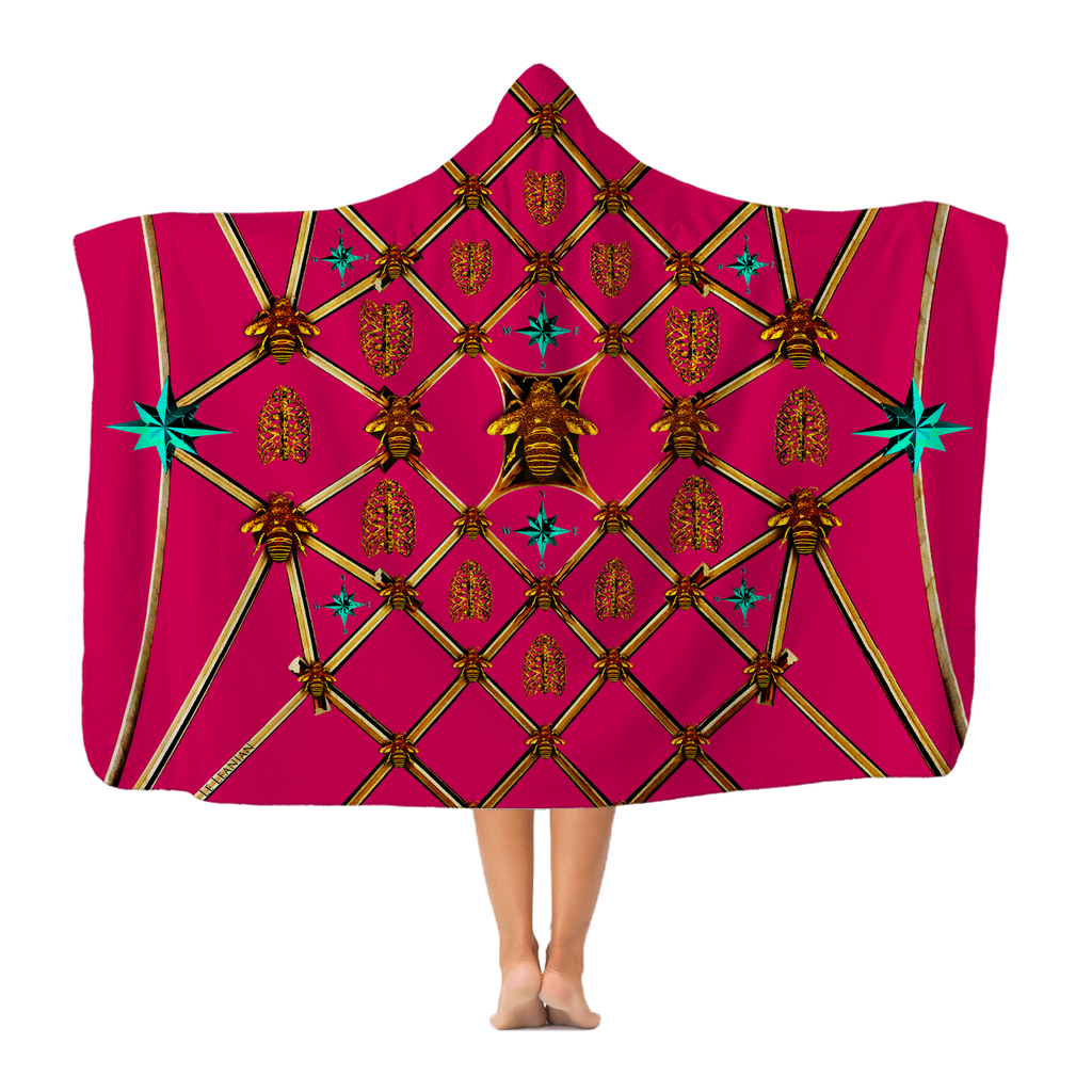 Gilded Bees & Ribs Teal Stars- Adult & Youth Hooded Fleece Blanket in Bold Fuchsia | Le Leanian™